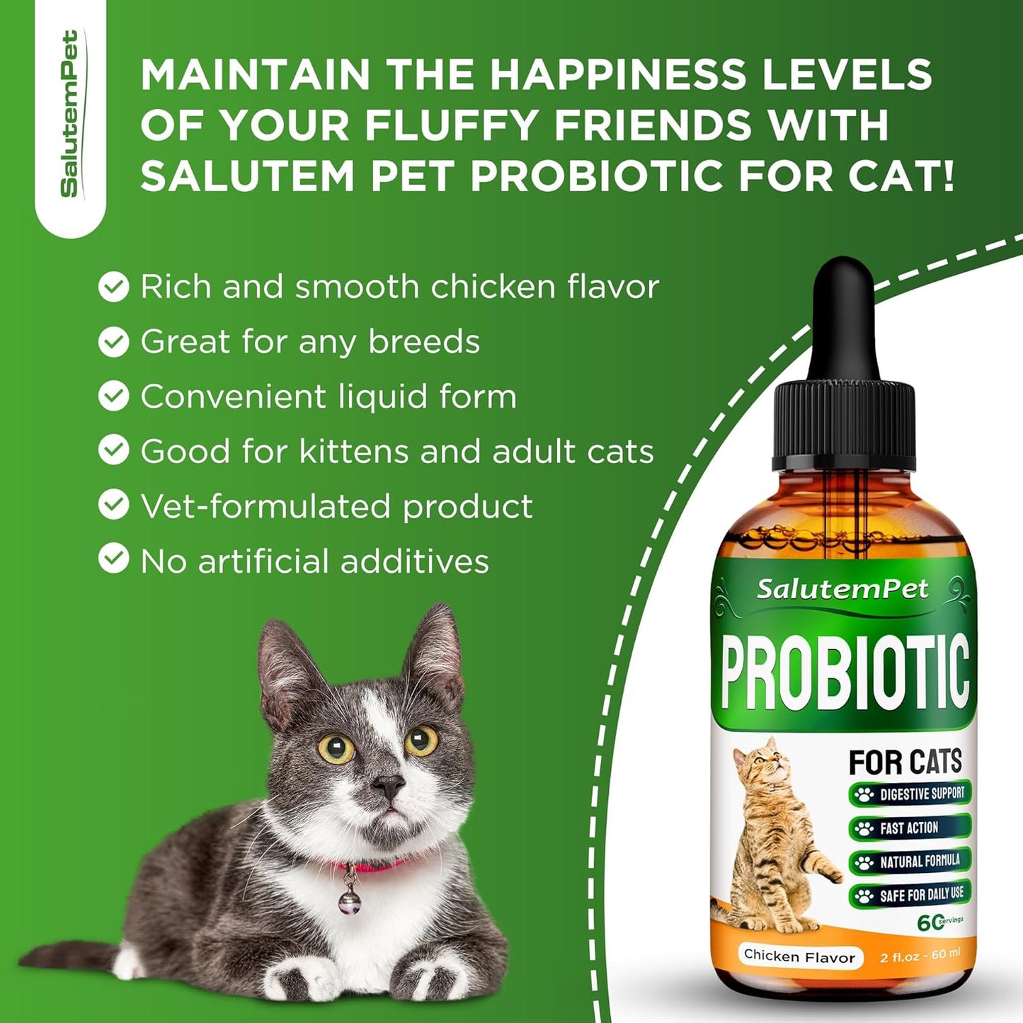 SalutemPet Cat Probiotic Liquid for Digestive Support - Relief for Colic, Upset Stomachs, Diarrhea, Gas, and Bloating - 2 fl.oz