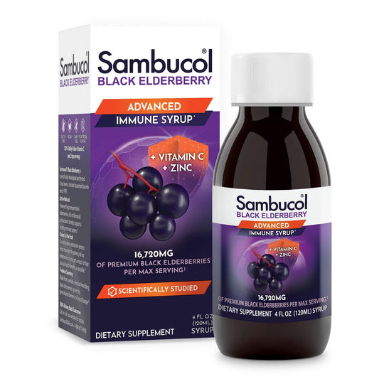 Sambucol Advanced Black Elderberry Syrup with Zinc and Vitamin C - 4 Fl Oz Bottle for Adults