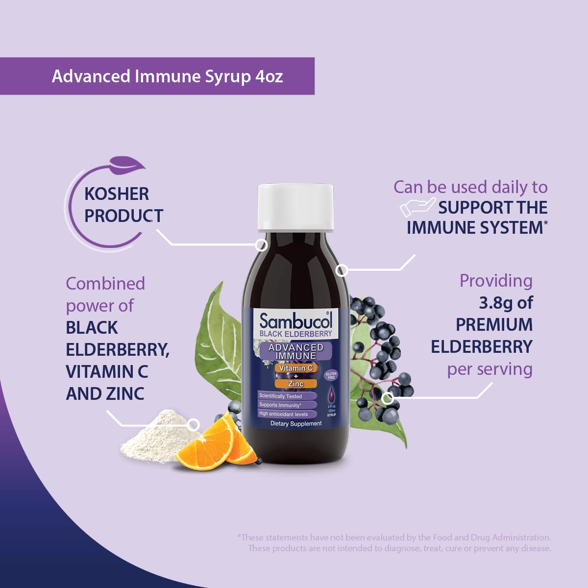Sambucol Advanced Black Elderberry Syrup with Zinc and Vitamin C - 4 Fl Oz Bottle for Adults