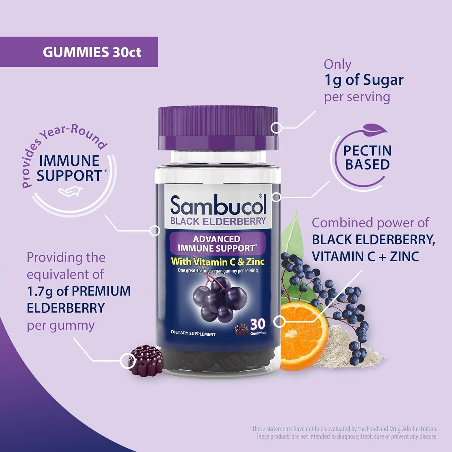 Sambucol Black Elderberry Gummies with Zinc and Vitamin C - Immune Support for Adults - 30 Count