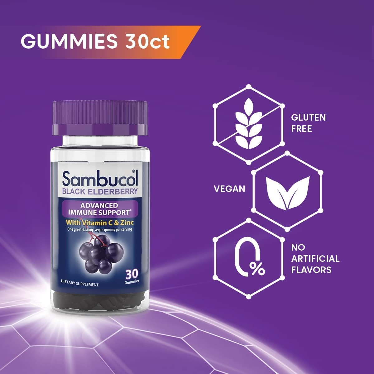 Sambucol Black Elderberry Gummies with Zinc and Vitamin C - Immune Support for Adults - 30 Count