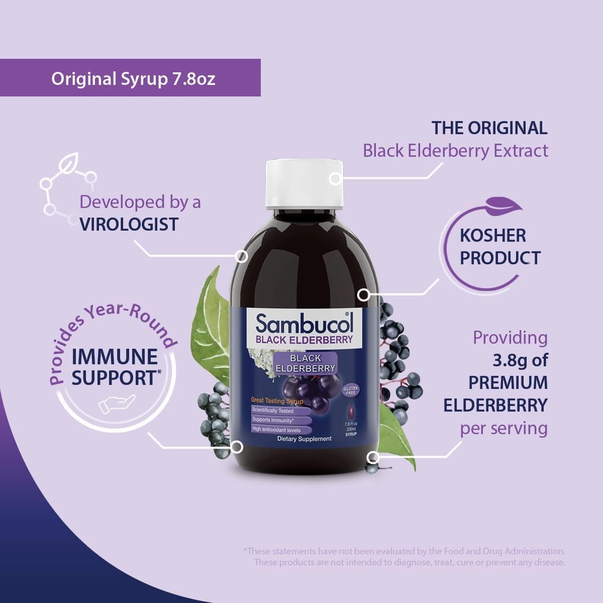 Sambucol Black Elderberry Syrup Original Formula 7.8 Fl Oz - Immune Support Liquid with High Antioxidants - Gluten Free - Pack of 2