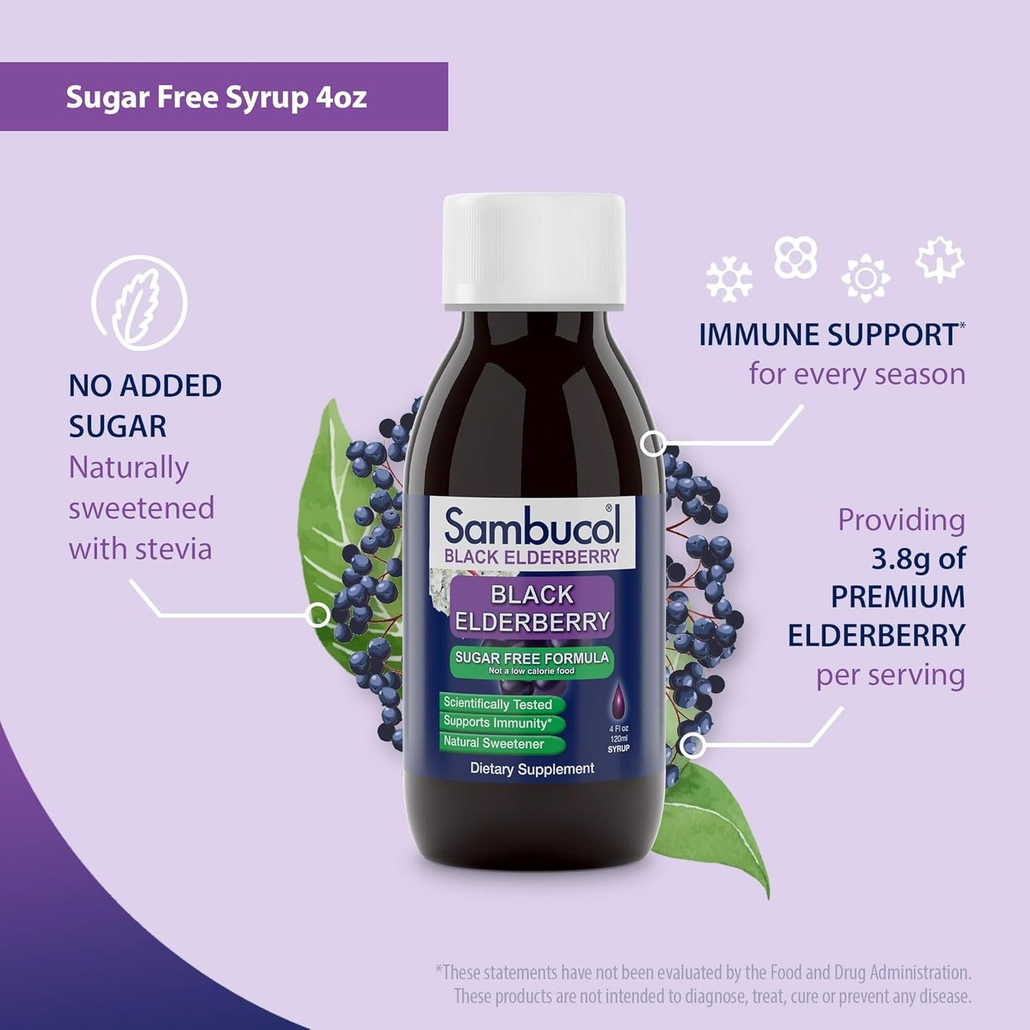 Sambucol Sugar-Free Elderberry Syrup for Adults - Immune Support Liquid Extract - 4 Fl Oz Bottle