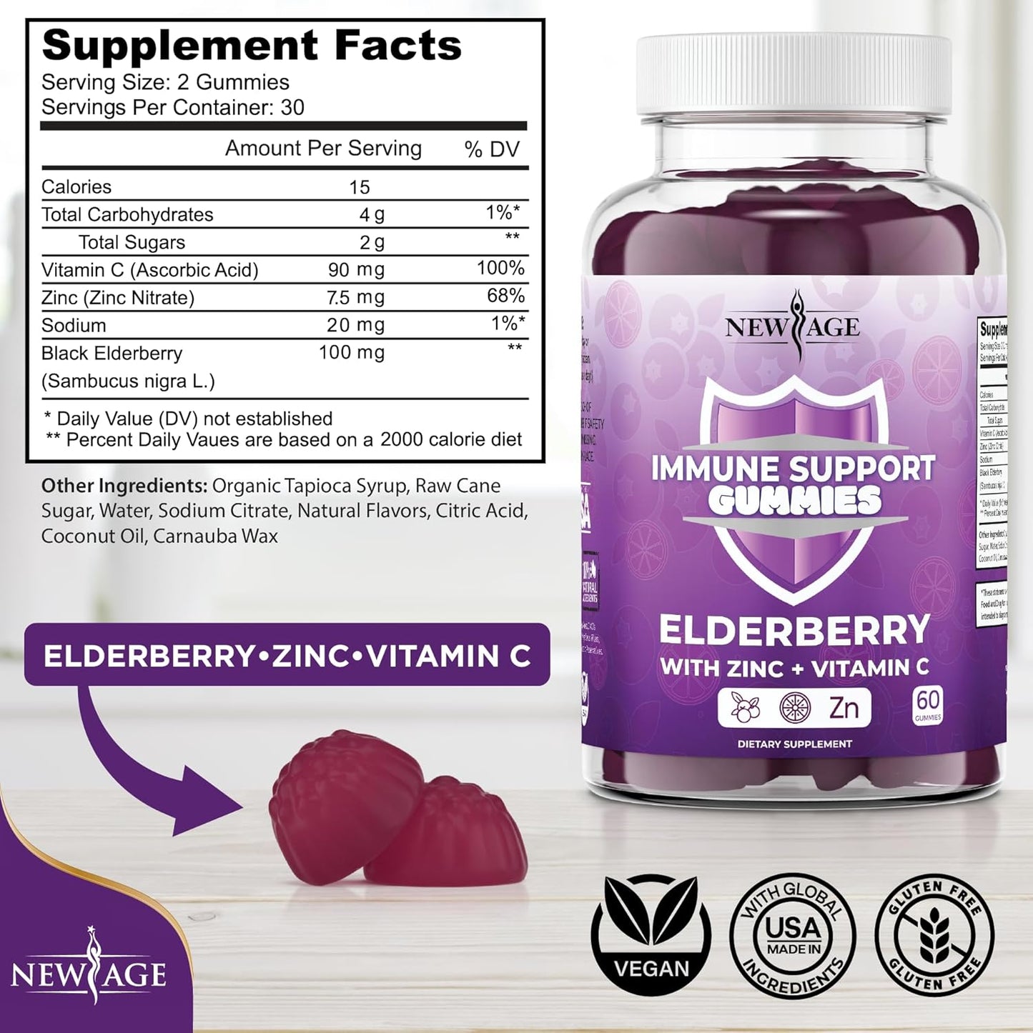 Sambucus Black Elderberry Gummies with Vitamin C and Zinc - Immune System Support Gummies (180 Gummies)