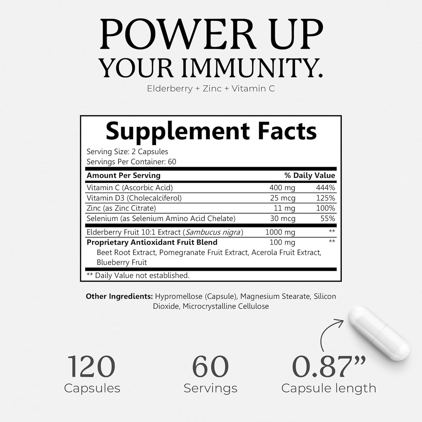 Sambucus Elderberry Capsules with Zinc, Vitamin C, and Antioxidant Fruit Blend - Immune Support Supplement for Adults - 1000mg Extract, 120 Vegcaps
