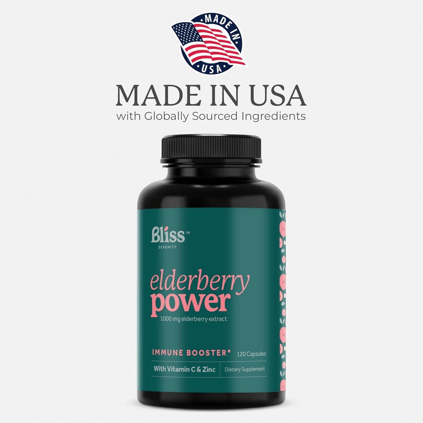 Sambucus Elderberry Capsules with Zinc, Vitamin C, and Antioxidant Fruit Blend - Immune Support Supplement for Adults - 1000mg Extract, 120 Vegcaps