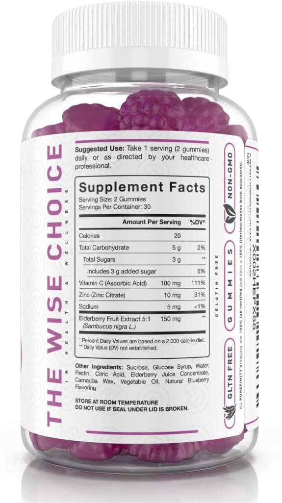 Sambucus Elderberry Gummies with Vitamin C and Zinc - 3-in-1 Daily Immune Support for Adults and Kids - Gluten-Free and Non-GMO - 120 Vegan Gummies