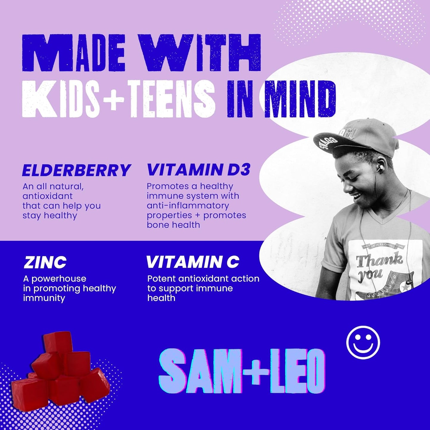 SAM+LEO Kids & Teens Immunity Gummies - Vegan All Natural Immune Support with Echinacea, Vitamin C, D3, Propolis, Elderberry - Berry Flavor - 60 Count