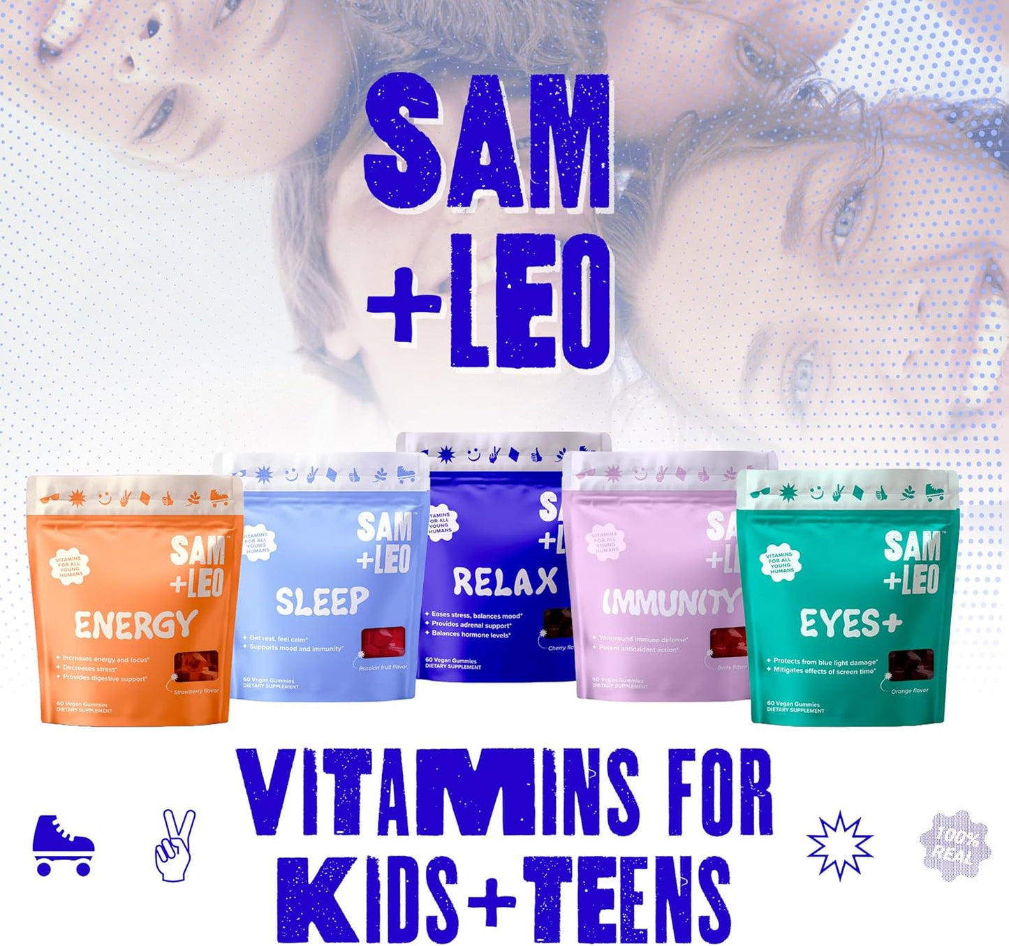 SAM+LEO Kids & Teens Immunity Gummies - Vegan All Natural Immune Support with Echinacea, Vitamin C, D3, Propolis, Elderberry - Berry Flavor - 60 Count