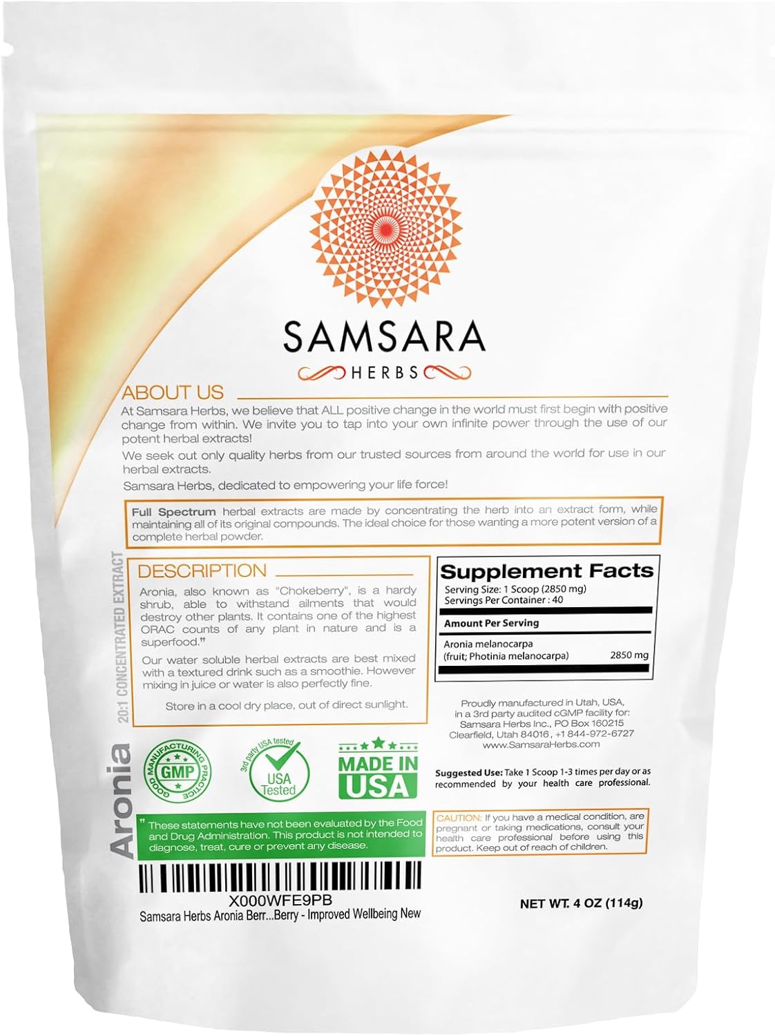 Samsara Herbs Aronia Berry Extract Powder - High Antioxidant Supplement with Flavonoids and Polyphenols for Improved Wellbeing - 4oz