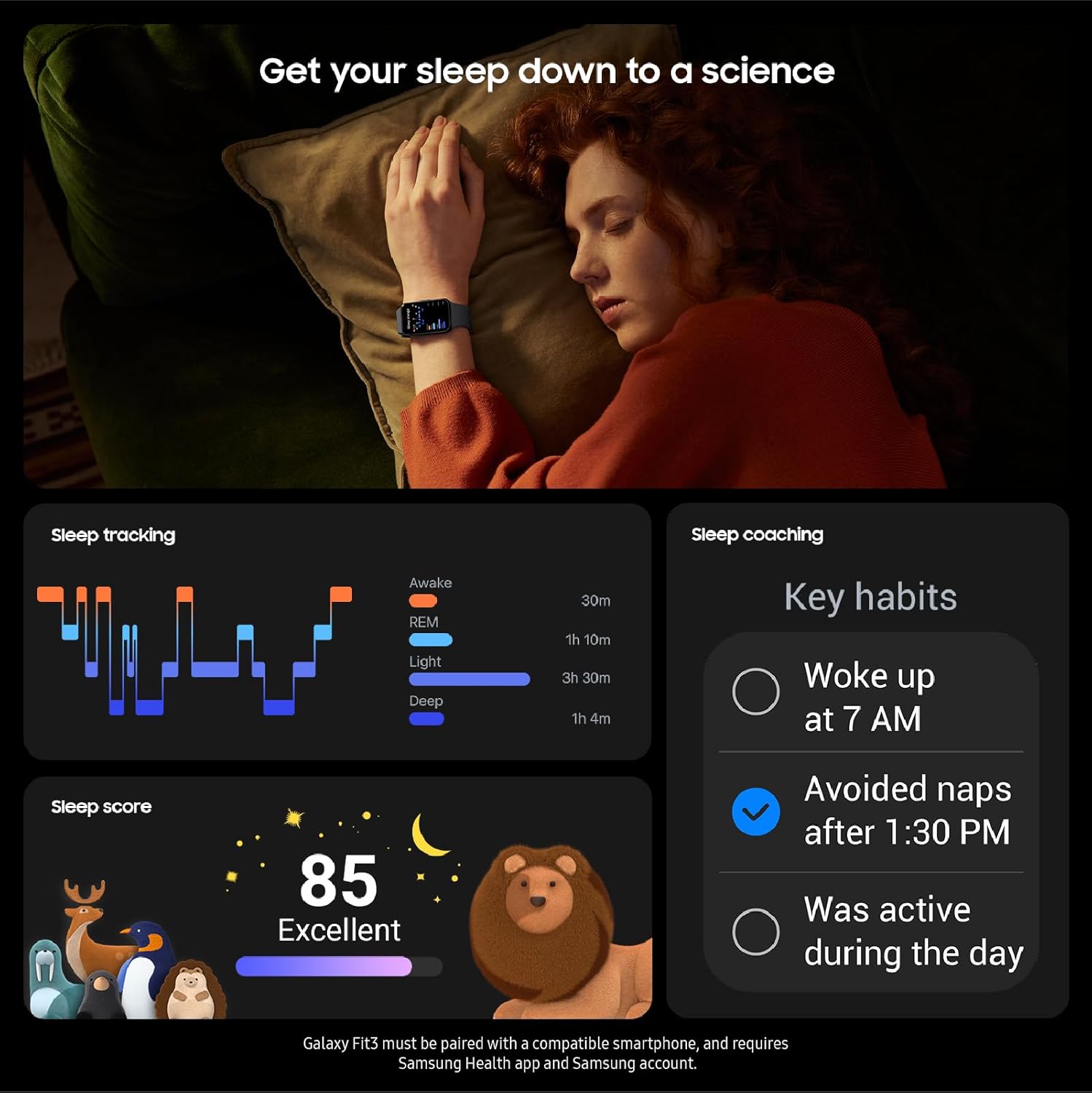 Samsung Galaxy Fit3 Health Fitness Tracker Smartwatch Dark Gray US Version 13 Day Battery Sleep Snore Heart Rate 2Yr Warranty