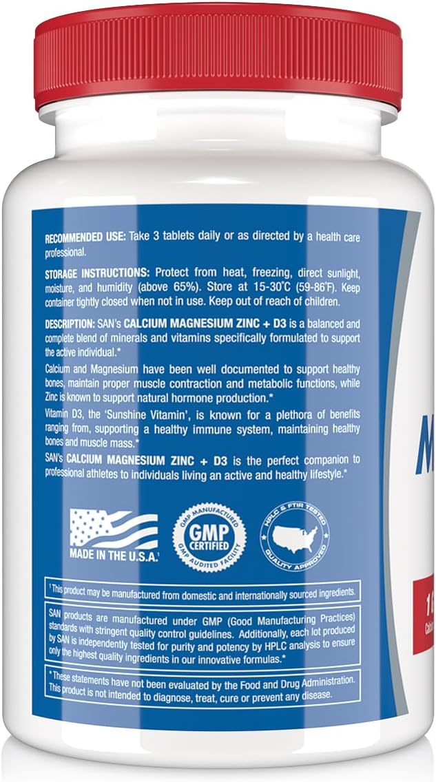 SAN Nutrition Calcium Magnesium Zinc D3 Supplement for Bone Health & Immune Support, 30 Servings