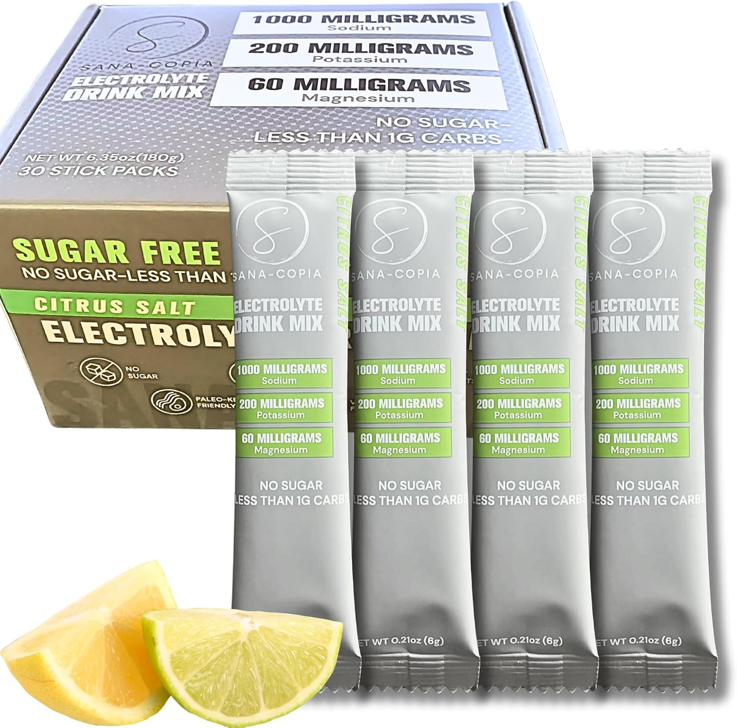 SANA-COPIA Lemon Lime Electrolyte Drink Mix Packets with 1000mg Sodium, Potassium & Magnesium Citrus Salt Hydration Powder - 30 Packets, Sugar-Free & for Rehydration