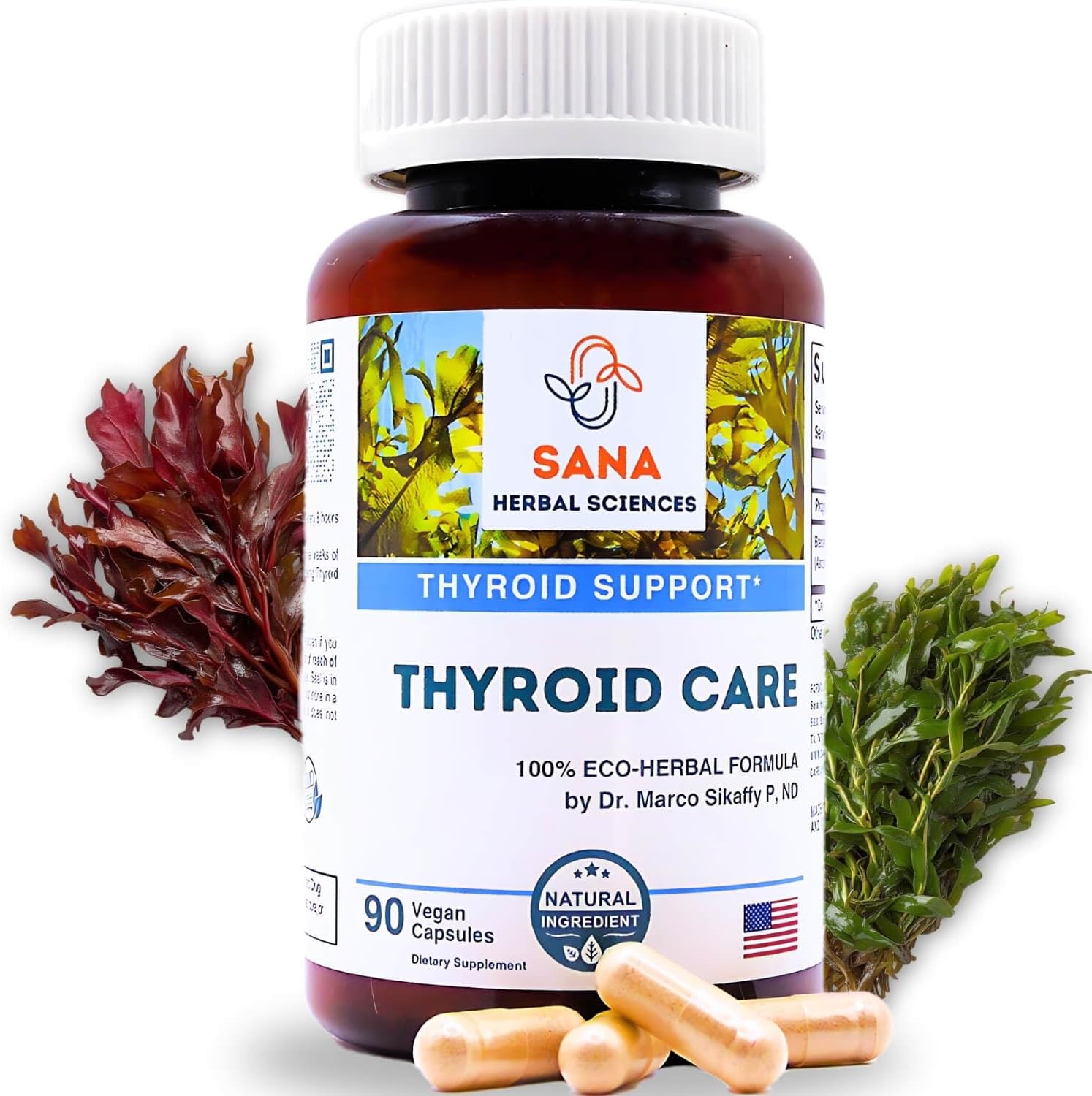 Sana Herbal Sciences Organic Sea Kelp Iodine Supplement for Hypothyroidism - 210mcg Natural Iodine - Supports Hormone Balance & Metabolism - 90 Capsules by Dr. Marco Sikaffy