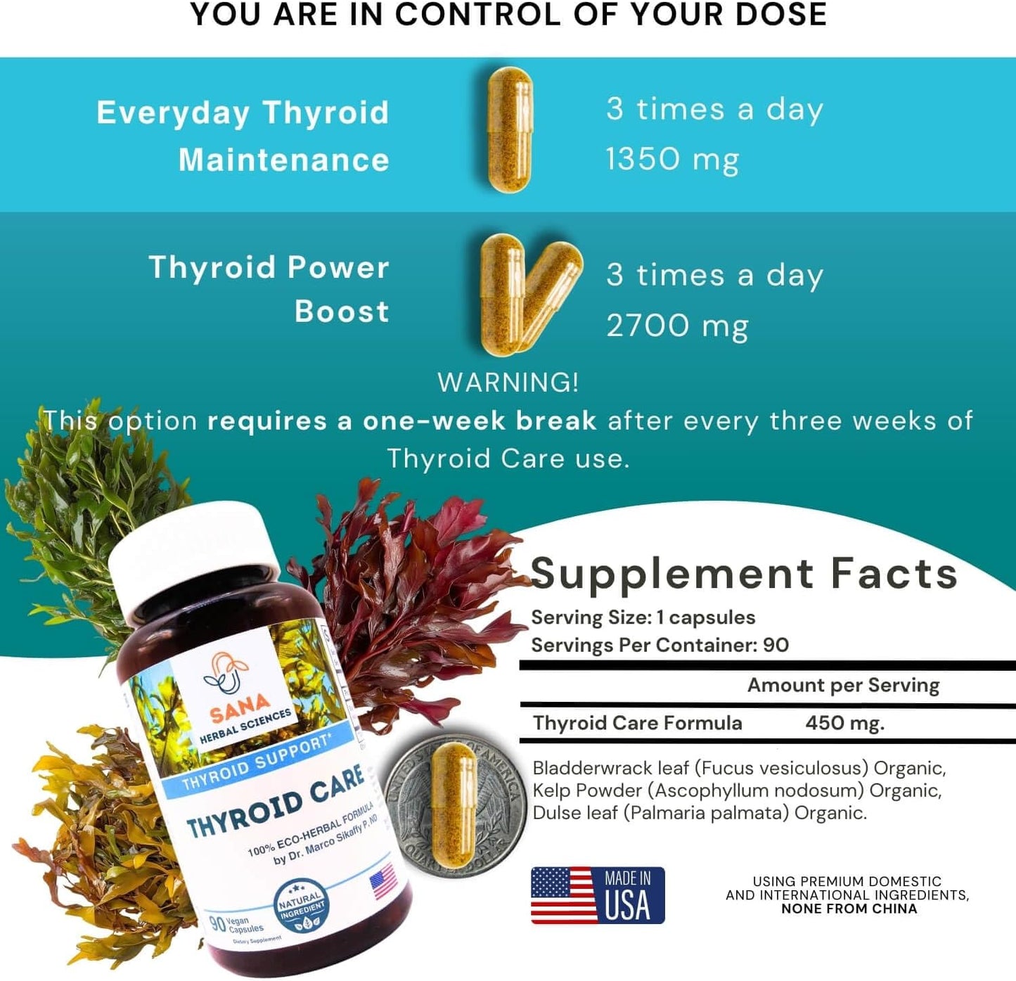 Sana Herbal Sciences Organic Sea Kelp Iodine Supplement for Hypothyroidism - 210mcg Natural Iodine - Supports Hormone Balance & Metabolism - 90 Capsules by Dr. Marco Sikaffy