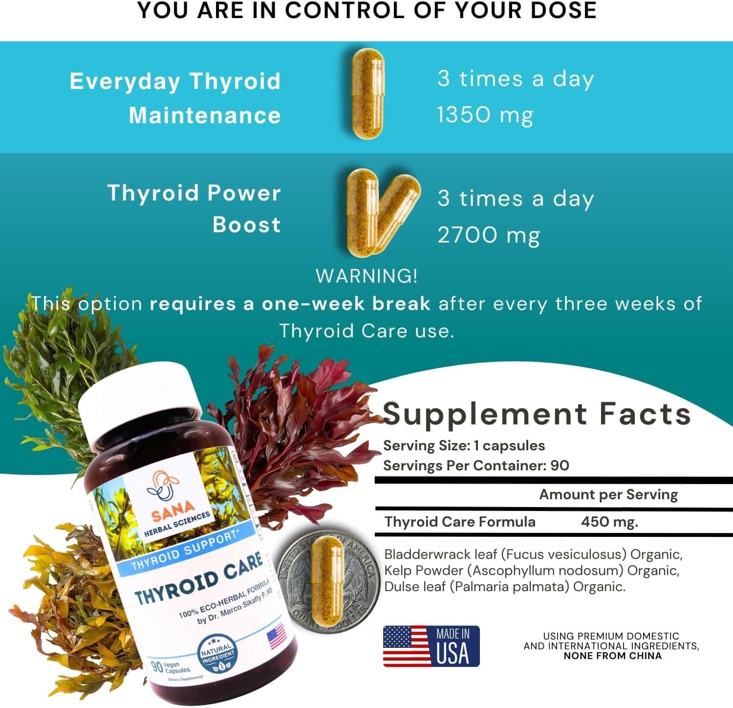 Sana Herbal Sciences Organic Sea Kelp Iodine Supplement for Hypothyroidism - 210mcg Natural Iodine - Supports Hormone Balance & Metabolism - 90 Capsules by Dr. Marco Sikaffy