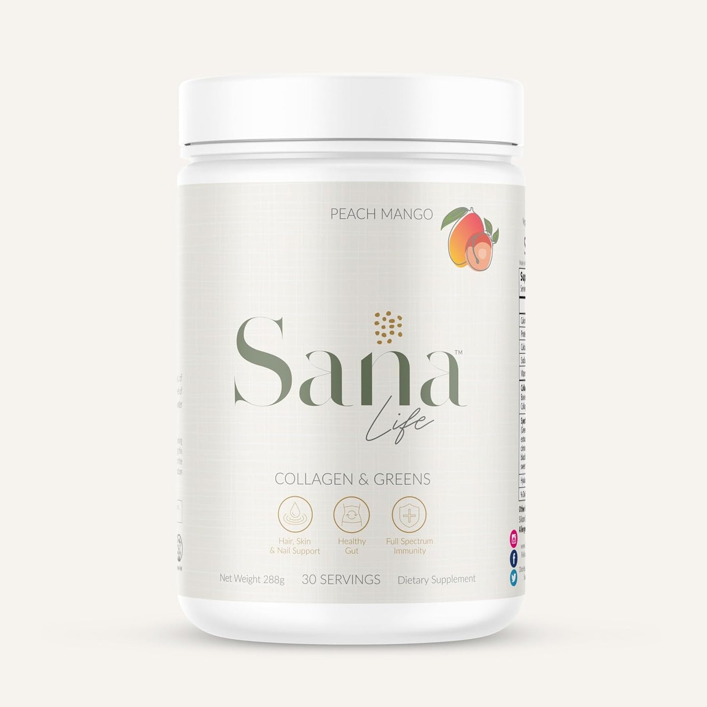 Sana Life Collagen & Greens Powder with Hyaluronic Acid - Skin, Hair, Nail & Gut Health Support - 30 Servings (Peach Mango)