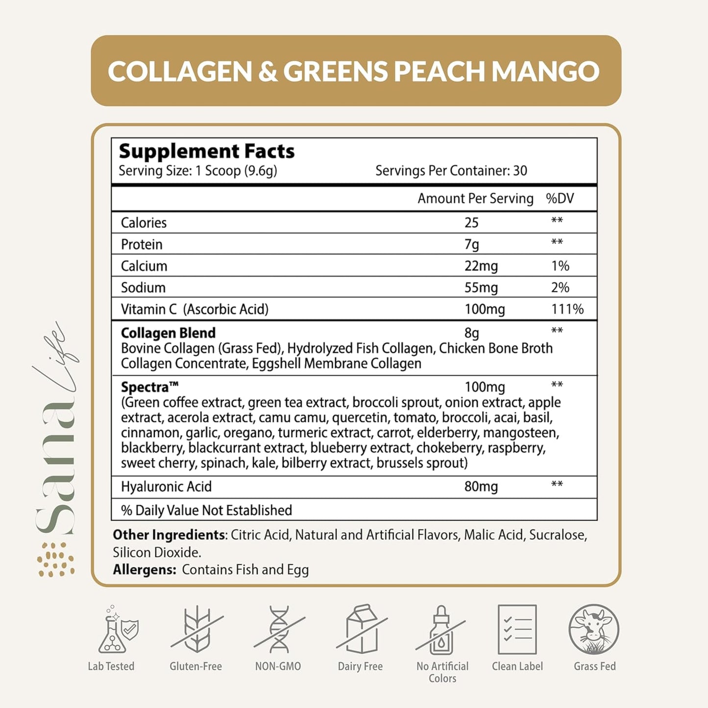 Sana Life Collagen & Greens Powder with Hyaluronic Acid - Skin, Hair, Nail & Gut Health Support - 30 Servings (Peach Mango)