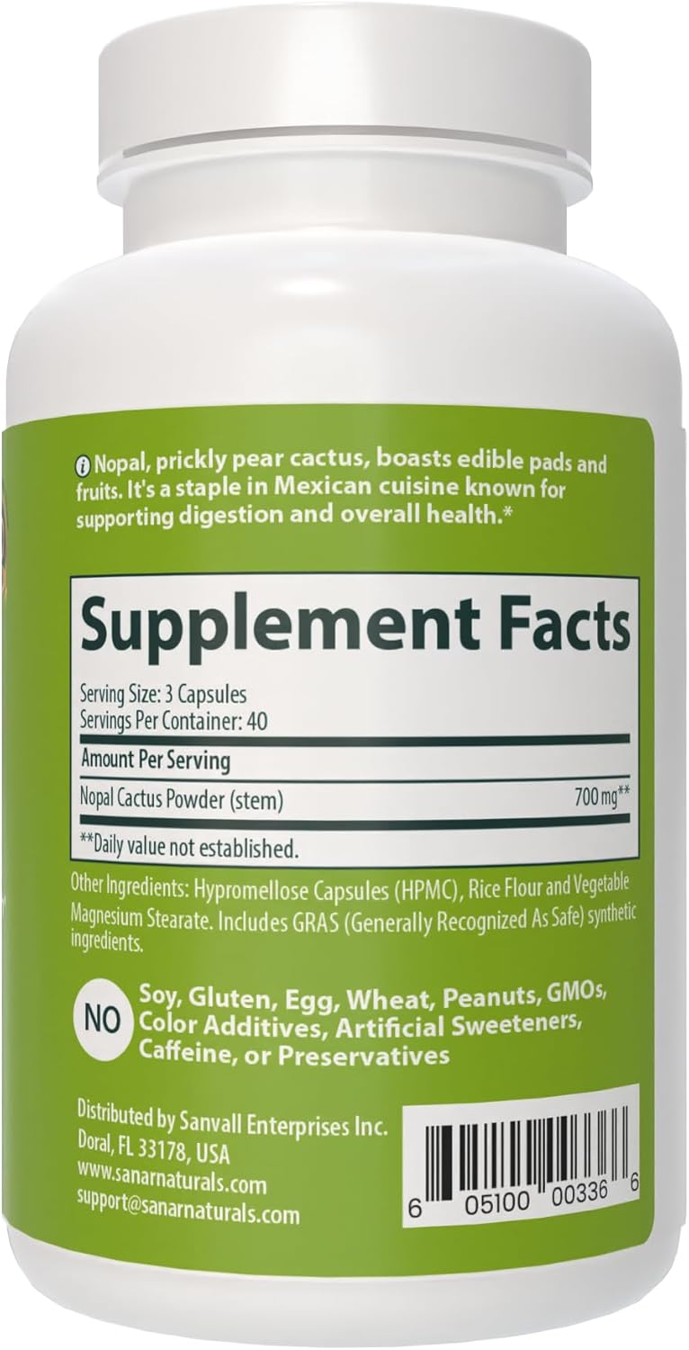Sanar Naturals Nopal Capsules - Prickly Pear Cactus Fiber Digestive Health Supplement - 120 Pills, Sugar & Gluten Free