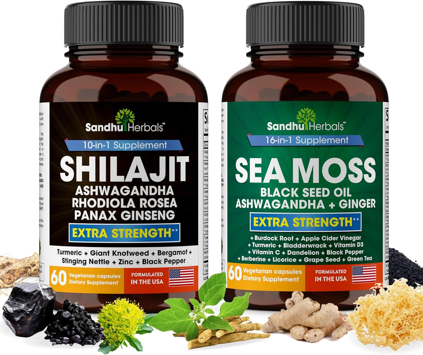 Sandhu Herbals Superfood Bundle - Sea Moss, Shilajit, Black Seed Oil, Ashwagandha, Ginger, Rhodiola Rosea, Panax Ginseng, Stinging Nettle - Natural Herbal Supplements