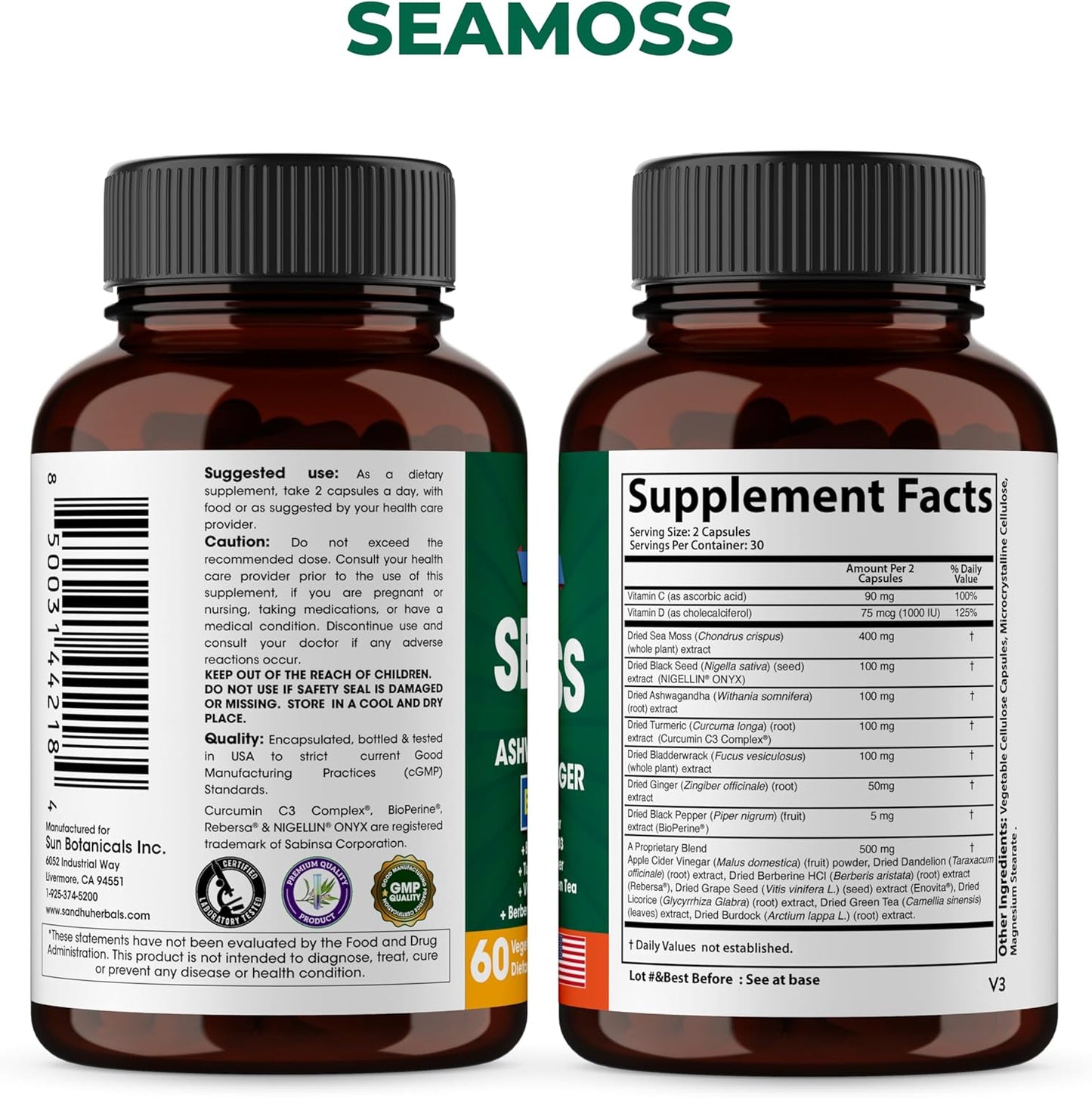 Sandhu Herbals Superfood Bundle - Sea Moss, Shilajit, Black Seed Oil, Ashwagandha, Ginger, Rhodiola Rosea, Panax Ginseng, Stinging Nettle - Natural Herbal Supplements