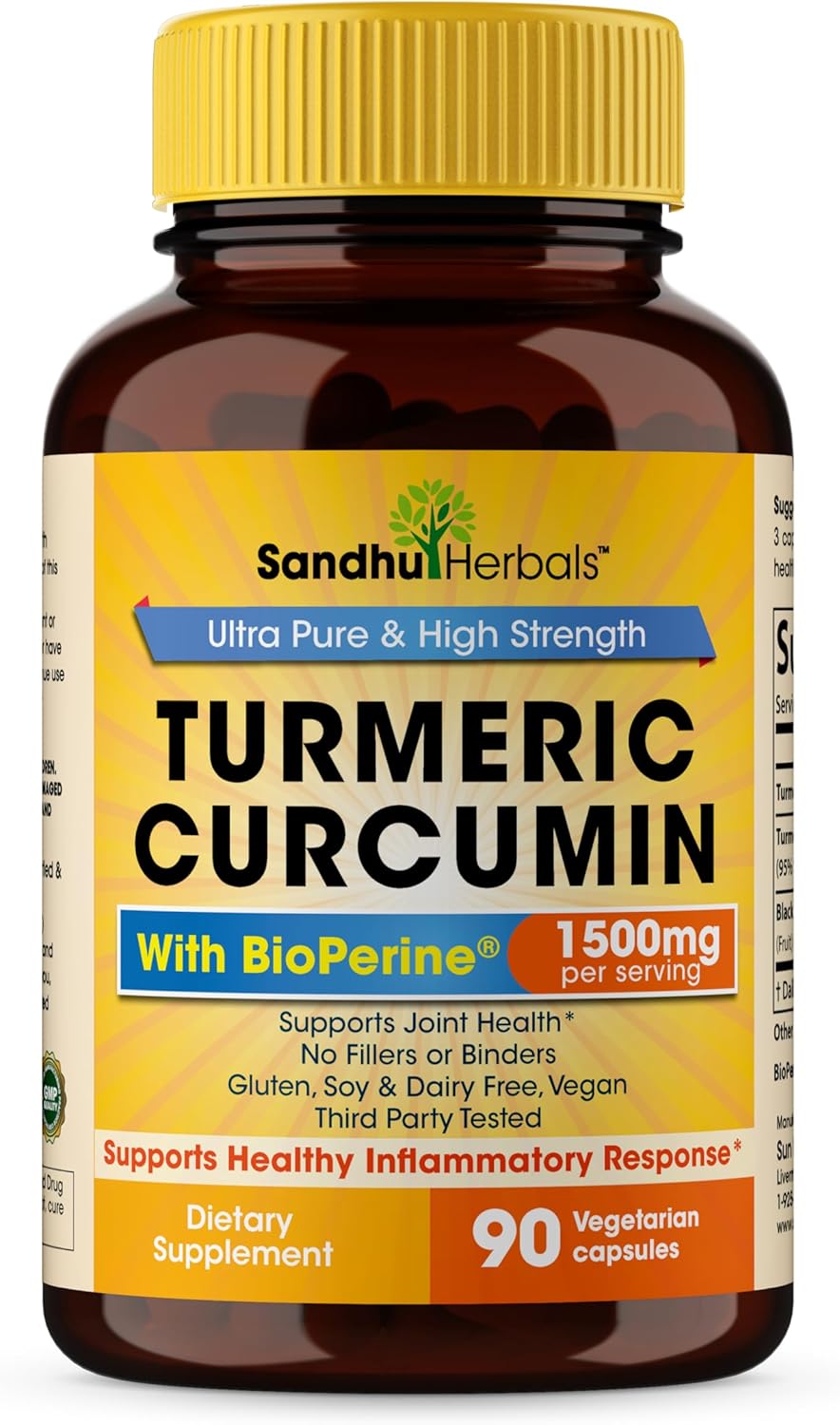 Sandhu Herbals Turmeric Curcumin Supplement - 90 Capsules, 1500mg with 95% Curcuminoids - Immune & Joint Support for 30 Days