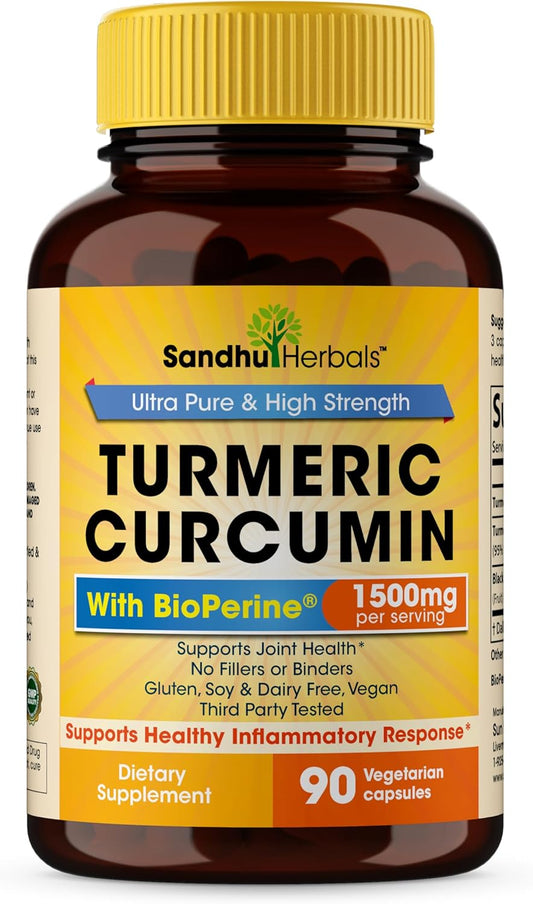 Sandhu Herbals Turmeric Curcumin Supplement - 90 Capsules, 1500mg with 95% Curcuminoids - Immune & Joint Support for 30 Days