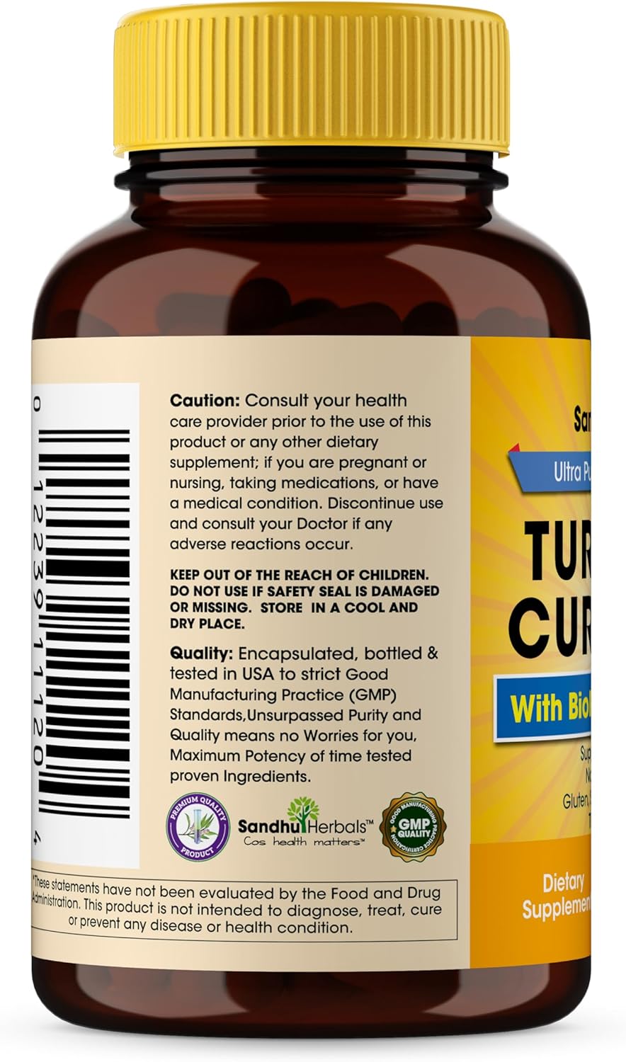 Sandhu Herbals Turmeric Curcumin Supplement - 90 Capsules, 1500mg with 95% Curcuminoids - Immune & Joint Support for 30 Days
