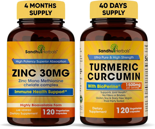 Sandhu Herbals Zinc 30 mg and Organic Turmeric Curcumin with Bioperine Black Pepper Extract - Immune System & Joint Support - Non-GMO USA Made