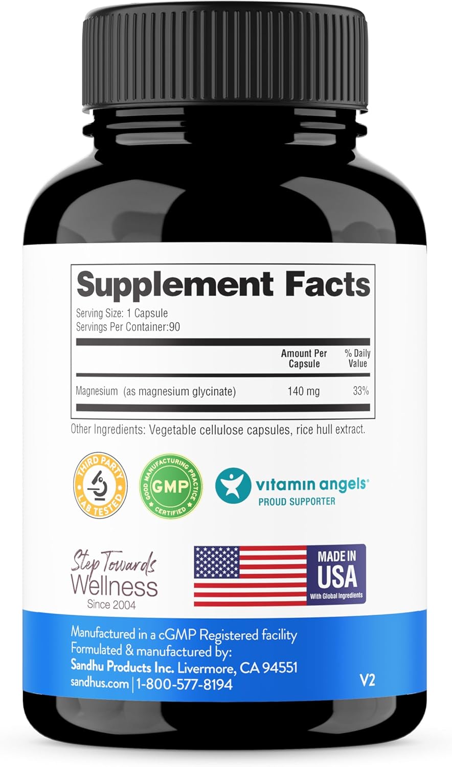 Sandhu's 775mg Magnesium Glycinate Capsules - 90 Count - Supports Sleep & Health - Non GMO & Gluten Free