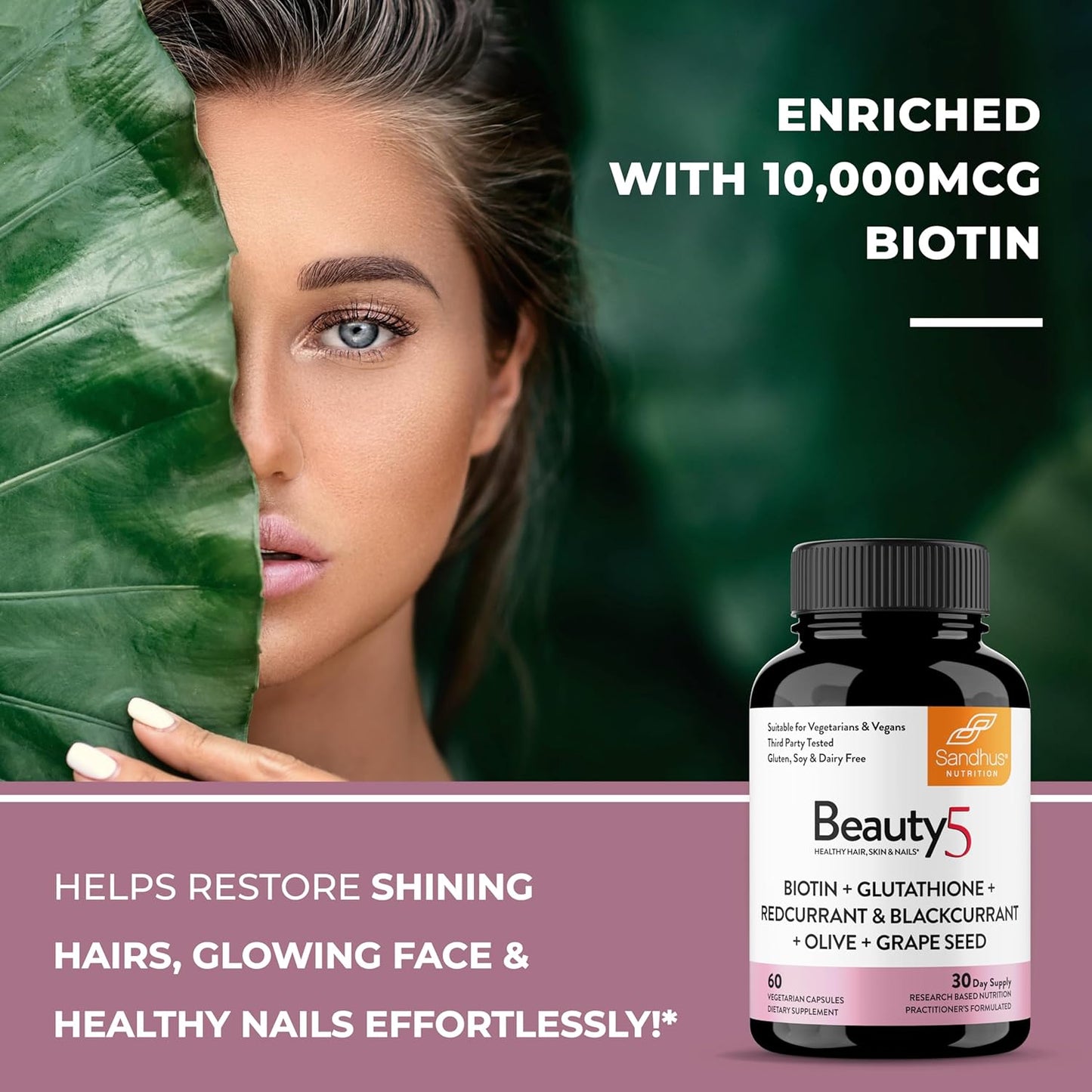Sandhu's Beauty5 Capsules - 60 Vegetarian Capsules for Hair, Skin, and Nail Health - Supports Collagen Synthesis - Keto and Vegan Friendly