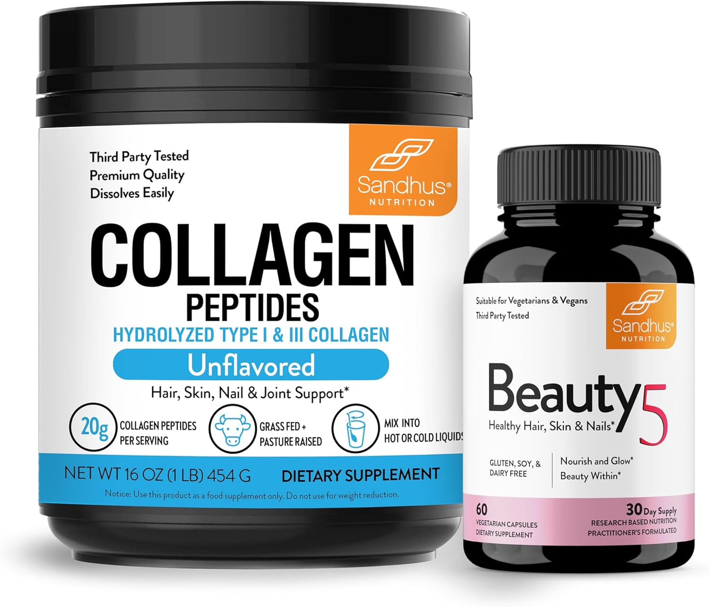 Sandhu's Grass-Fed Collagen Powder & Capsules for Skin, Hair, Nail Health | Beauty Supplements with 5 Capsules