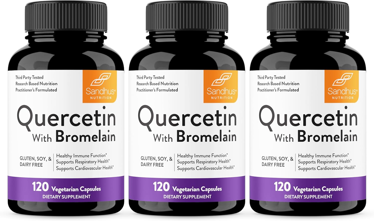 Sandhu's Quercetin with Bromelain 1000mg 120 Count Vegetarian Capsules - Pack of 3, Bioflavonoids Supplement for Immune & Respiratory Support