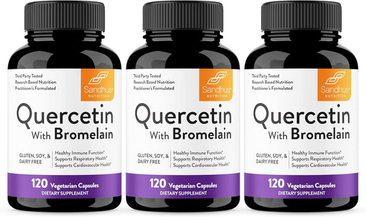 Sandhu's Quercetin with Bromelain 1000mg 120 Count Vegetarian Capsules - Pack of 3, Bioflavonoids Supplement for Immune & Respiratory Support