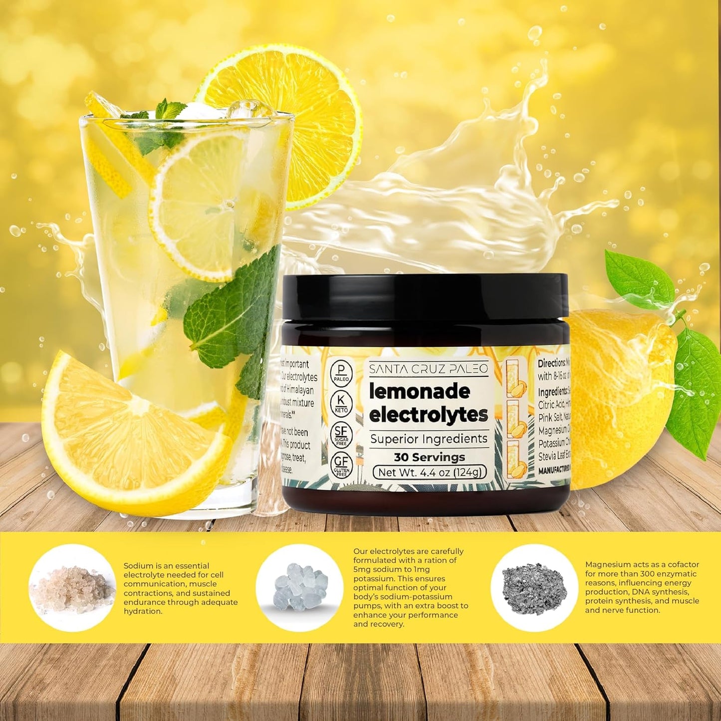 Santa Cruz Lemonade Paleo Electrolyte Powder with Himalayan & Sea Salt, Magnesium, Potassium - Sugar-Free, 30 Servings