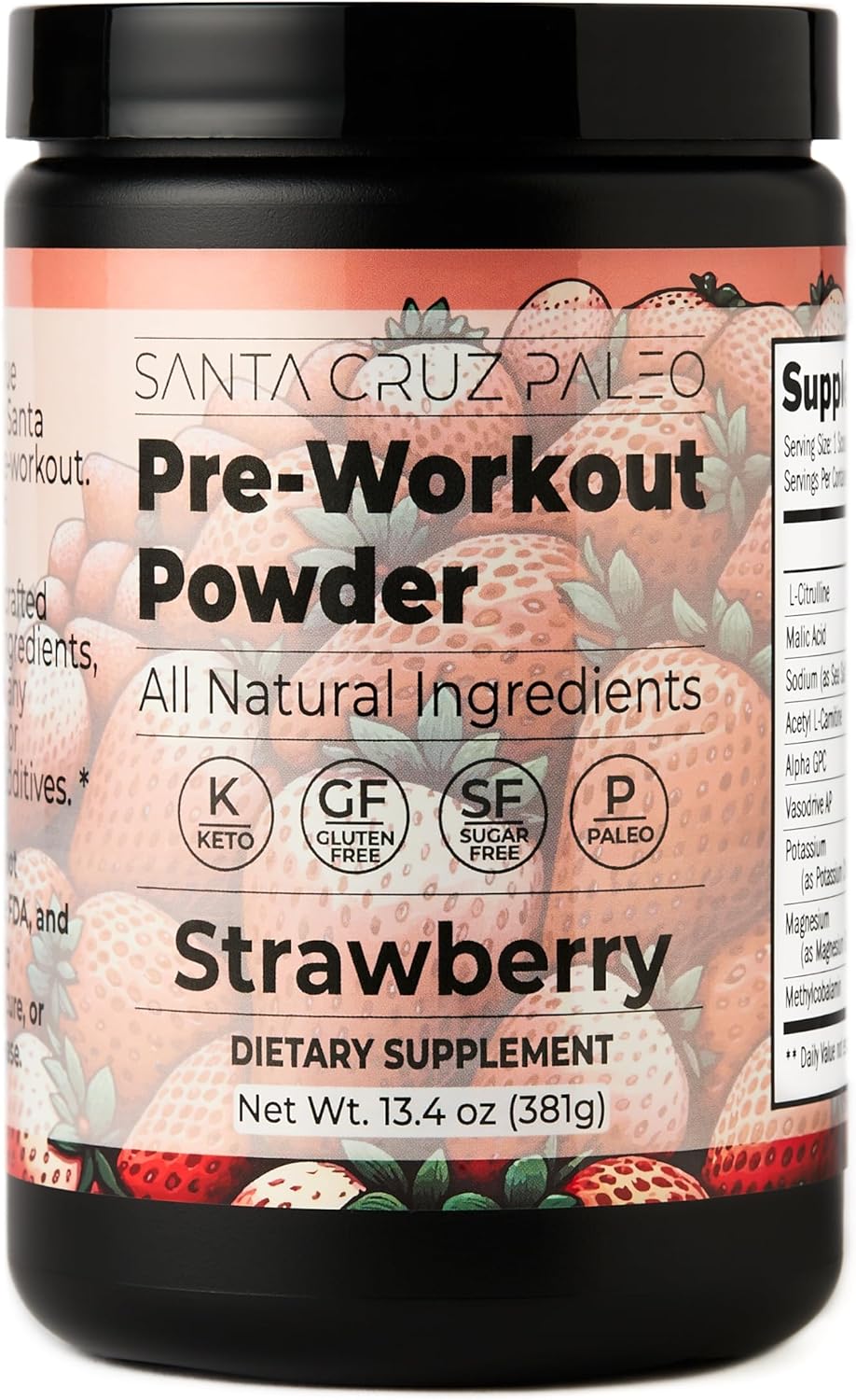 Santa Cruz Strawberry Paleo Pre Workout Powder with Electrolytes for Energy & Hydration, Caffeine-Free, Sugar-Free - 30 Servings