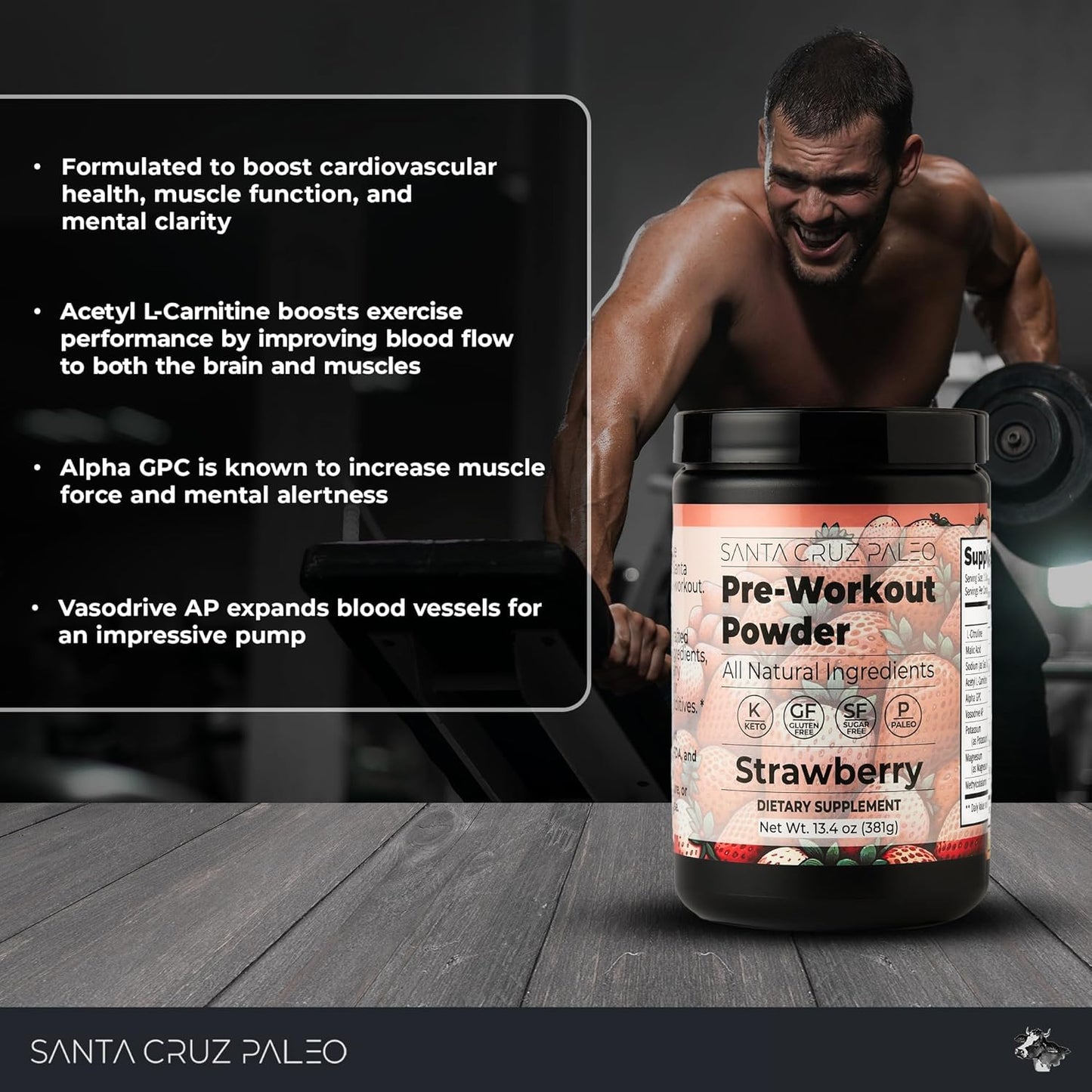 Santa Cruz Strawberry Paleo Pre Workout Powder with Electrolytes for Energy & Hydration, Caffeine-Free, Sugar-Free - 30 Servings