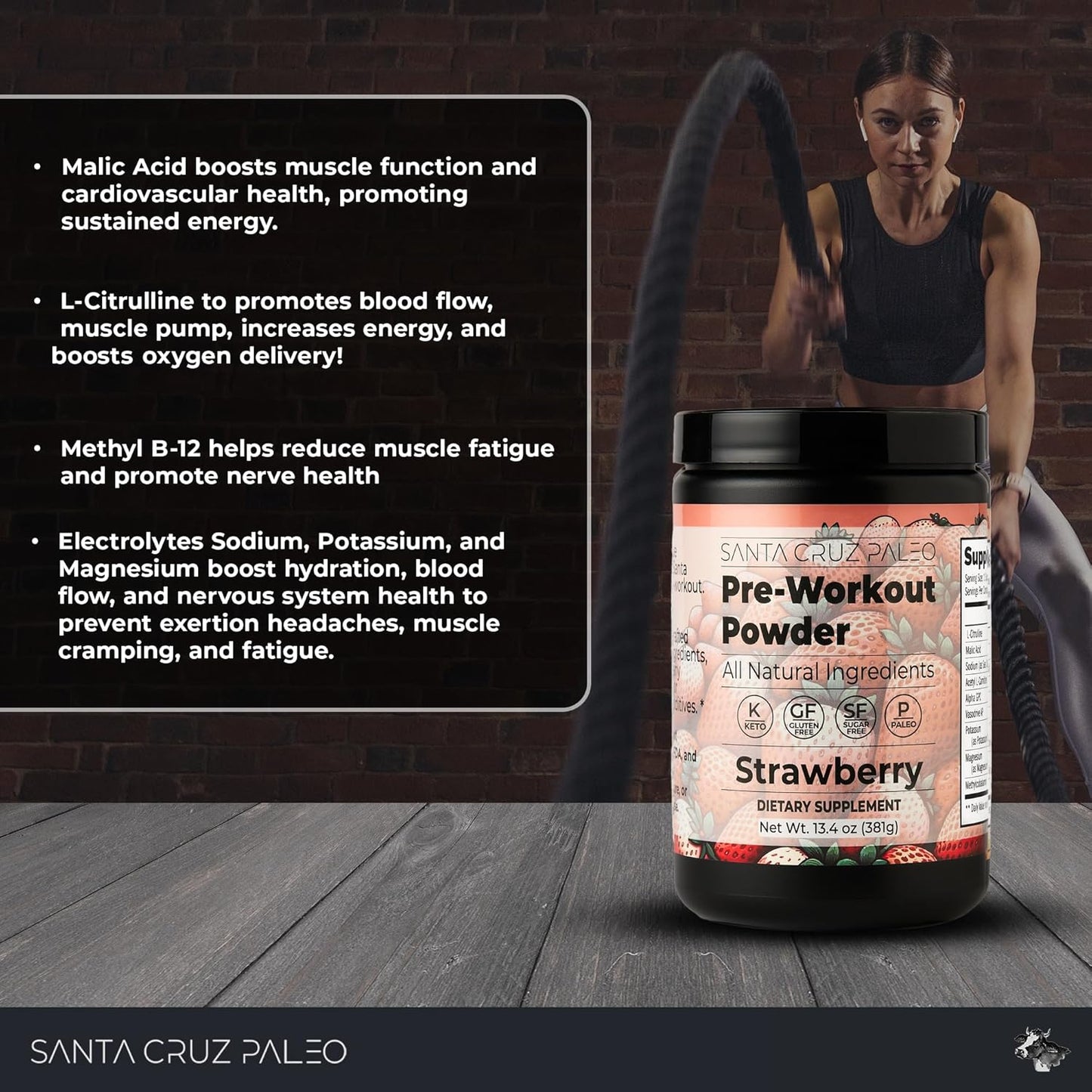Santa Cruz Strawberry Paleo Pre Workout Powder with Electrolytes for Energy & Hydration, Caffeine-Free, Sugar-Free - 30 Servings