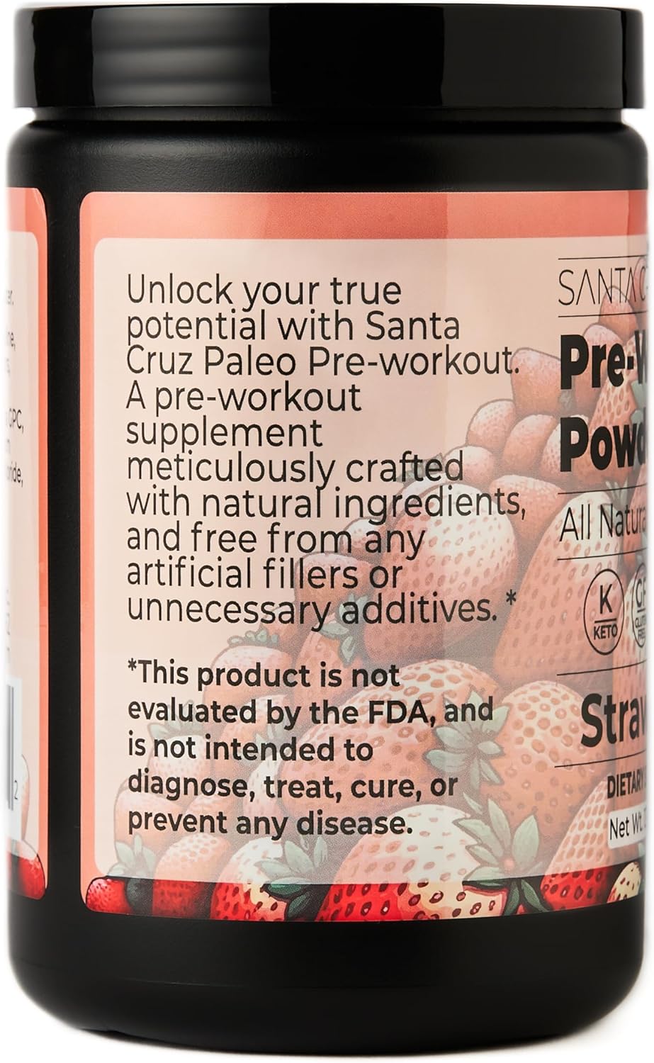 Santa Cruz Strawberry Paleo Pre Workout Powder with Electrolytes for Energy & Hydration, Caffeine-Free, Sugar-Free - 30 Servings