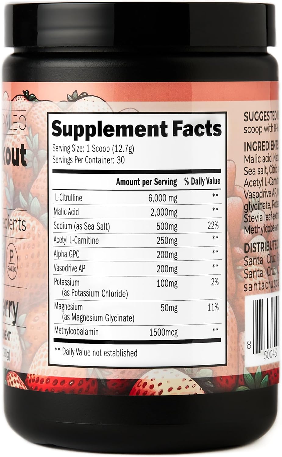 Santa Cruz Strawberry Paleo Pre Workout Powder with Electrolytes for Energy & Hydration, Caffeine-Free, Sugar-Free - 30 Servings