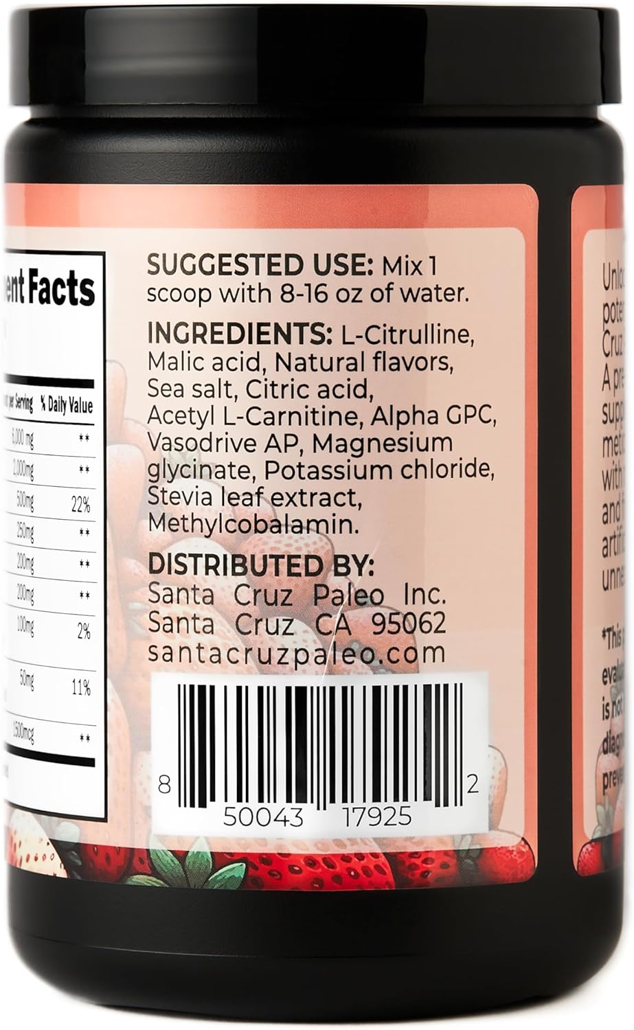 Santa Cruz Strawberry Paleo Pre Workout Powder with Electrolytes for Energy & Hydration, Caffeine-Free, Sugar-Free - 30 Servings