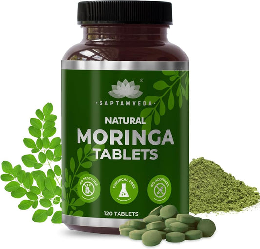 SAPTAMVEDA Moringa Leaf Tablets - 120 Tablets, 500mg Each | Natural Multi-Vitamin Supplement with Anti-Oxidants | Immunity Booster and Hair & Skin Health Support | Sourced from Indian Farms