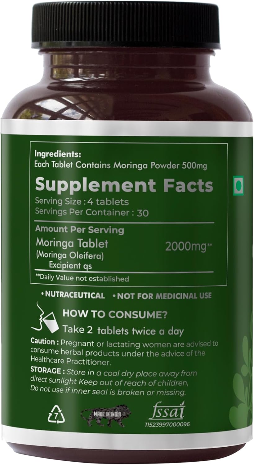 SAPTAMVEDA Moringa Leaf Tablets - 120 Tablets, 500mg Each | Natural Multi-Vitamin Supplement with Anti-Oxidants | Immunity Booster and Hair & Skin Health Support | Sourced from Indian Farms