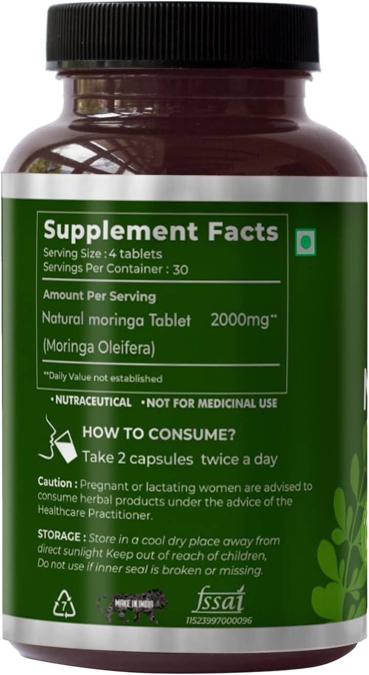 SAPTAMVEDA Moringa Leaf Tablets - 120 Tablets, 500mg Each | Natural Multi-Vitamin Supplement with Anti-Oxidants | Immunity Booster and Hair & Skin Health Support | Sourced from Indian Farms