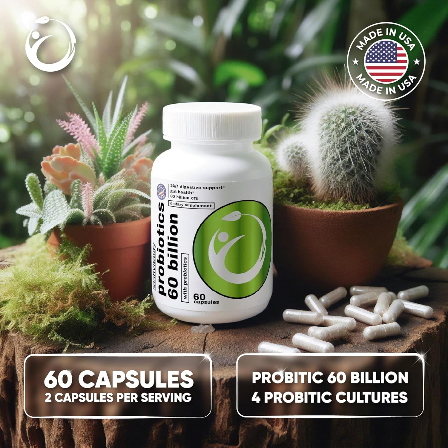 SASH Vitality Probiotic Supplement with 60 Billion CFUs for Gut Health and Digestive Support