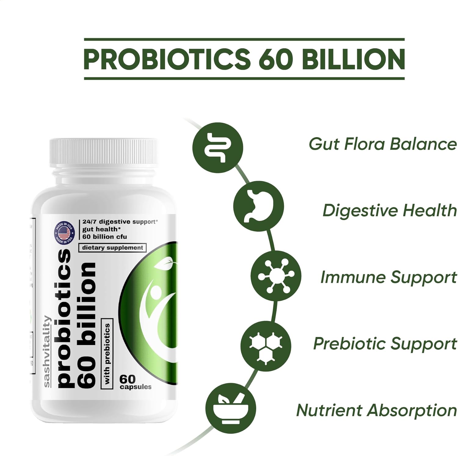 SASH Vitality Probiotic Supplement with 60 Billion CFUs for Gut Health and Digestive Support
