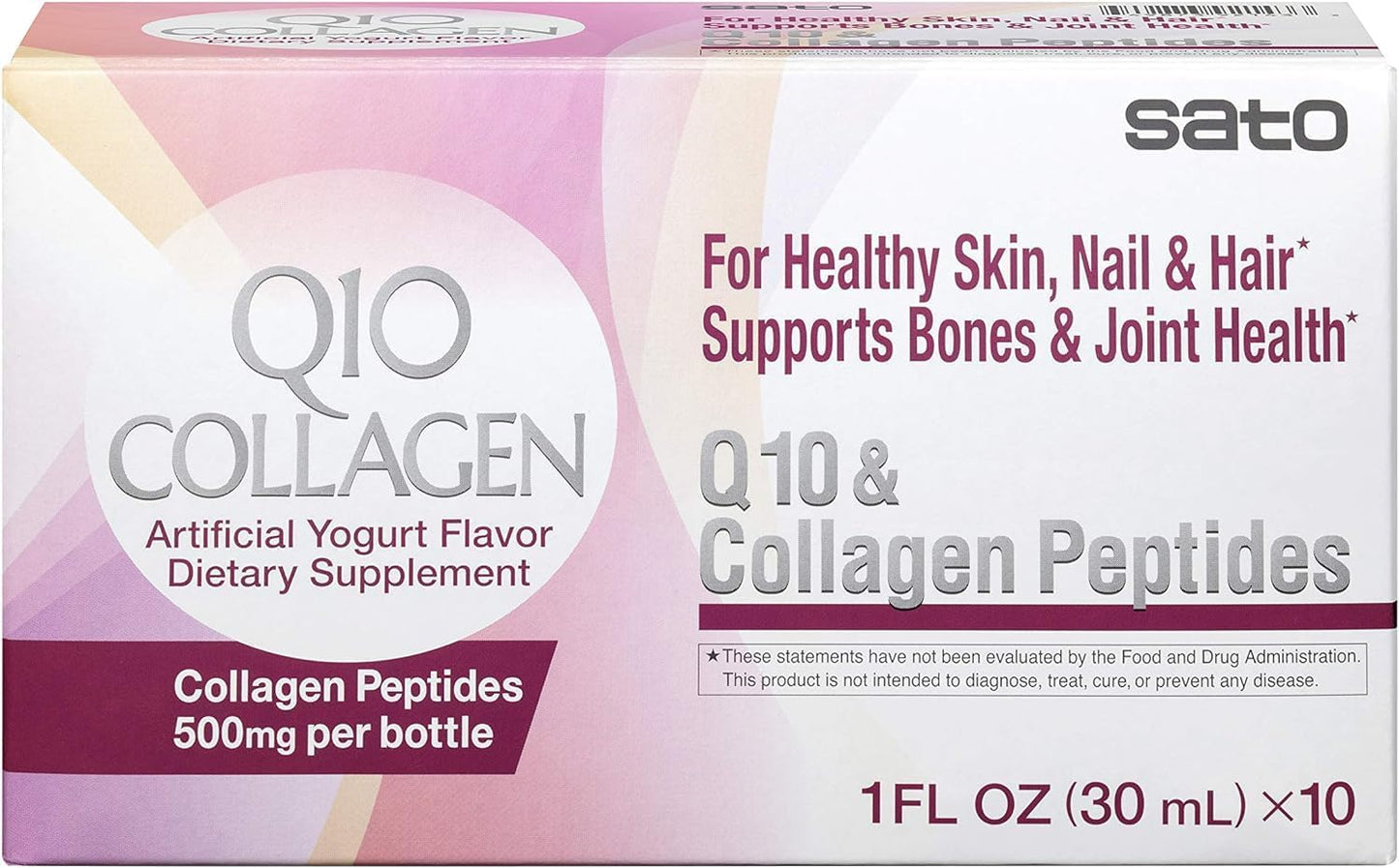 Sato Q10 & Collagen Peptides Supplement for Skin, Nails, Hair, Bones & Joints - 500mg x 10 Bottles - 10 Fl Oz Total - Made in Japan