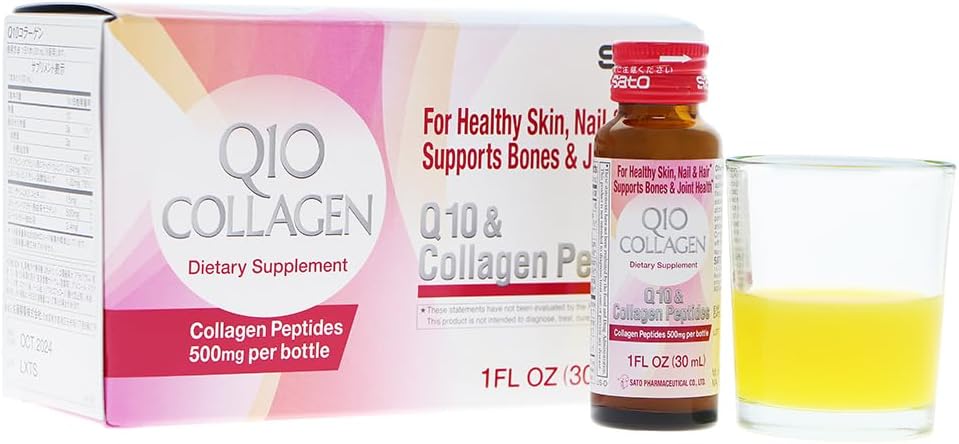 Sato Q10 & Collagen Peptides Supplement for Skin, Nails, Hair, Bones & Joints - 500mg x 10 Bottles - 10 Fl Oz Total - Made in Japan