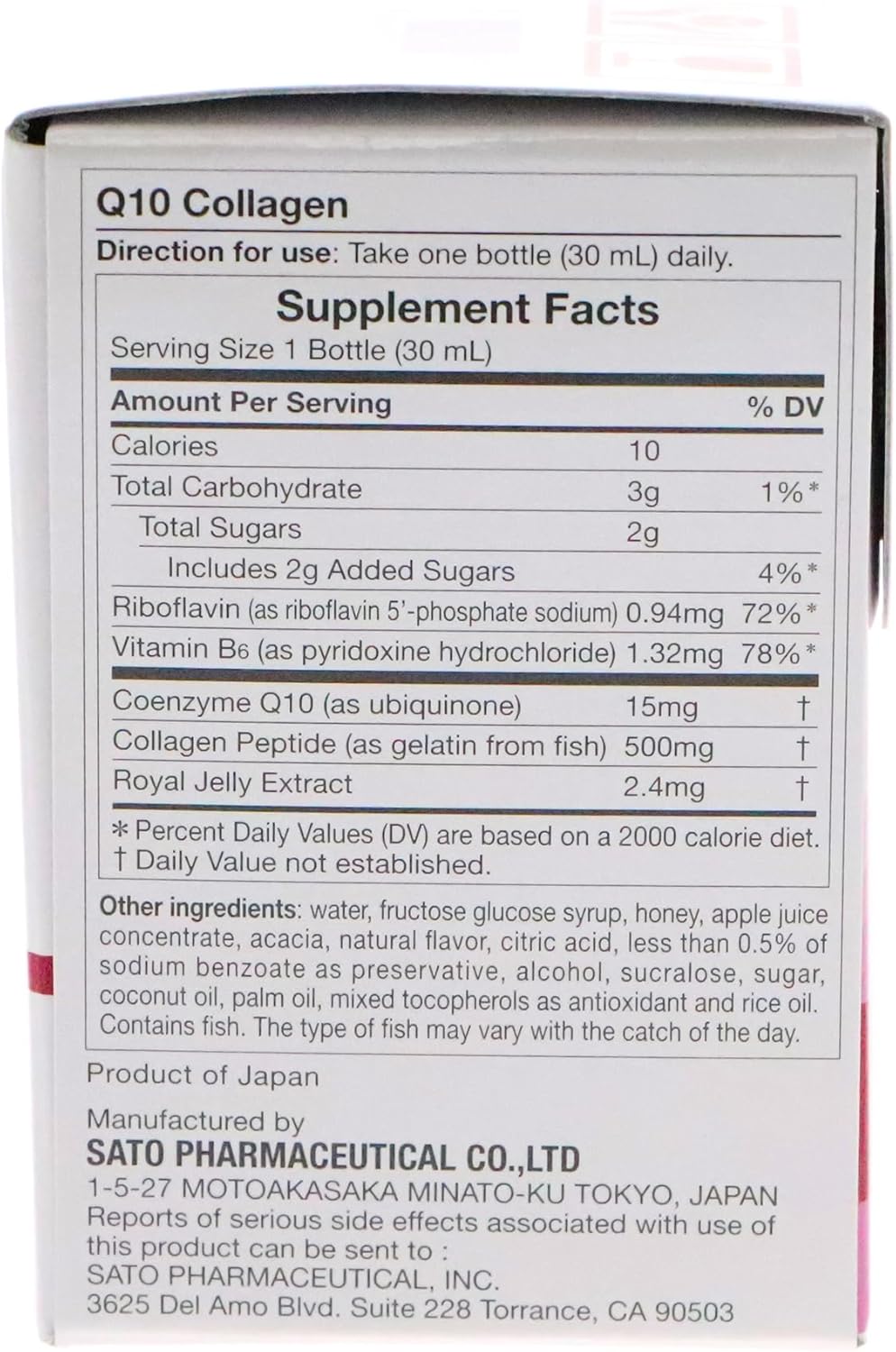 Sato Q10 & Collagen Peptides Supplement for Skin, Nails, Hair, Bones & Joints - 500mg x 10 Bottles - 10 Fl Oz Total - Made in Japan