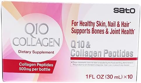 Sato Q10 & Collagen Peptides Supplement for Skin, Nails, Hair, Bones & Joints - 500mg x 10 Bottles - 10 Fl Oz Total - Made in Japan